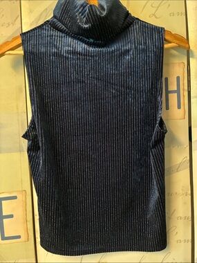 Sleeveless Turtleneck Velvet Top in Navy Metallic Pinstripes Sz M Made in USA